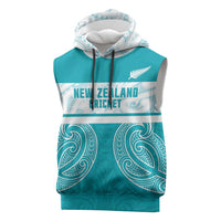 New Zealand Silver Fern Cricket Custom Sleeveless Hoodie Black Cap Teal Maori Pattern - Polynesian Pride