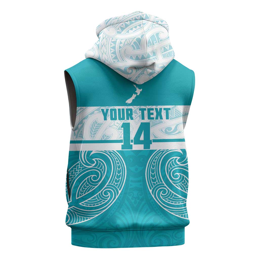 New Zealand Silver Fern Cricket Custom Sleeveless Hoodie Black Cap Teal Maori Pattern - Polynesian Pride