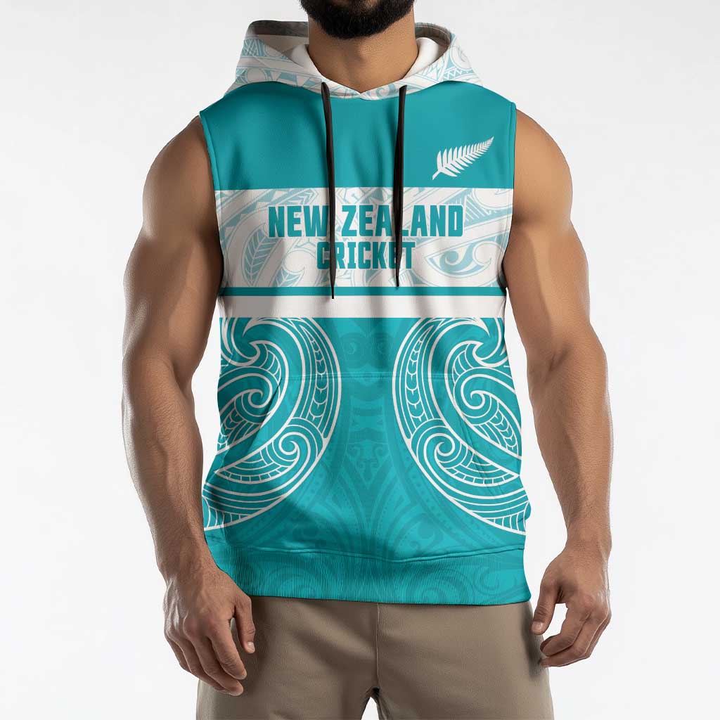 New Zealand Silver Fern Cricket Custom Sleeveless Hoodie Black Cap Teal Maori Pattern - Polynesian Pride