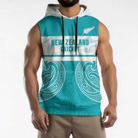 New Zealand Silver Fern Cricket Custom Sleeveless Hoodie Black Cap Teal Maori Pattern - Polynesian Pride