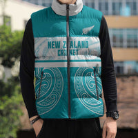 New Zealand Silver Fern Cricket Custom Sleeveless Puffer Jacket Black Cap Teal Maori Pattern - Polynesian Pride