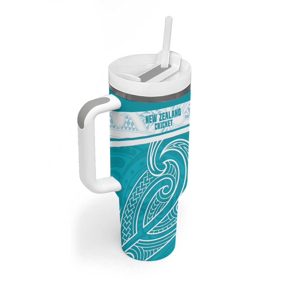 New Zealand Silver Fern Cricket Custom Tumbler With Handle Black Cap Teal Maori Pattern - Polynesian Pride