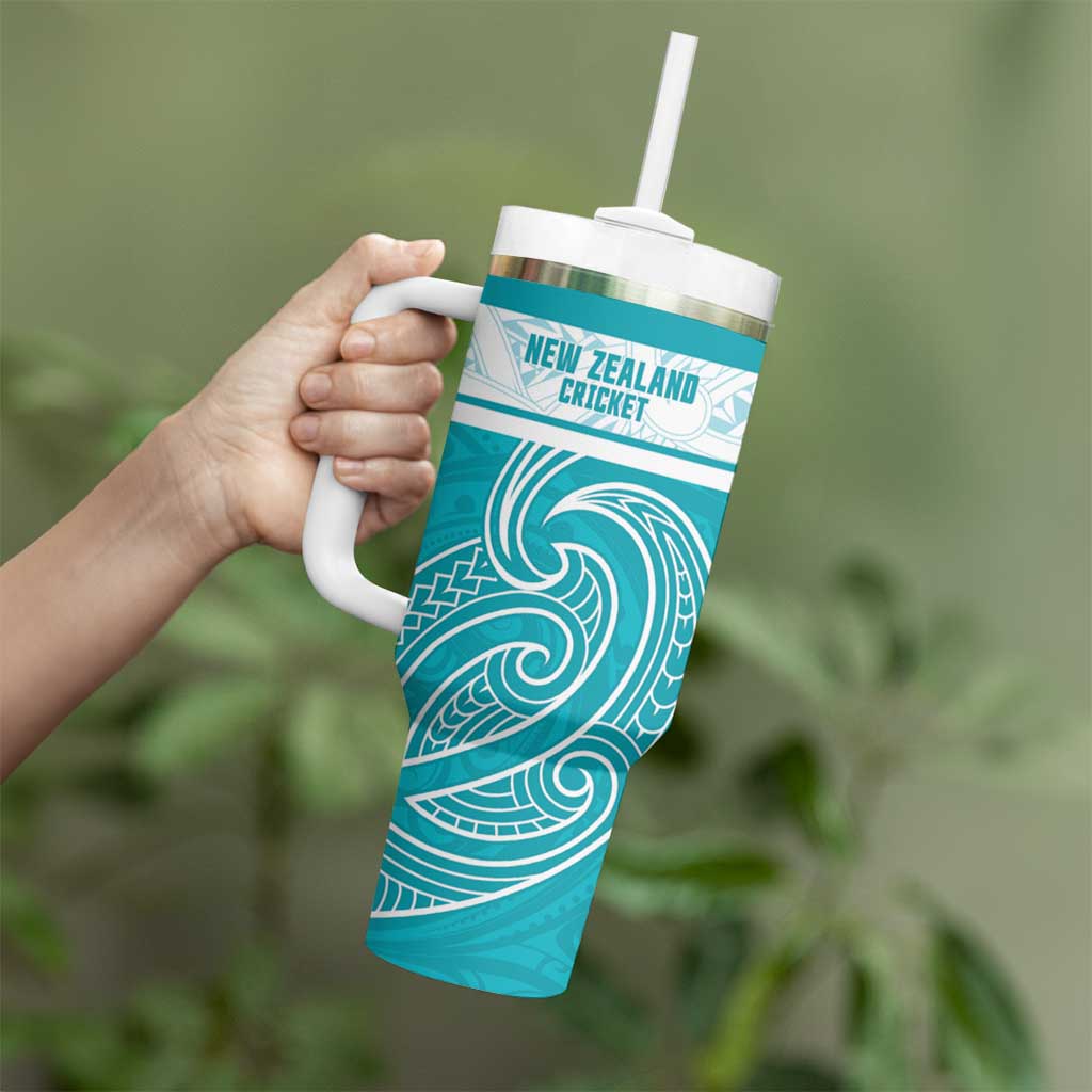 New Zealand Silver Fern Cricket Custom Tumbler With Handle Black Cap Teal Maori Pattern - Polynesian Pride