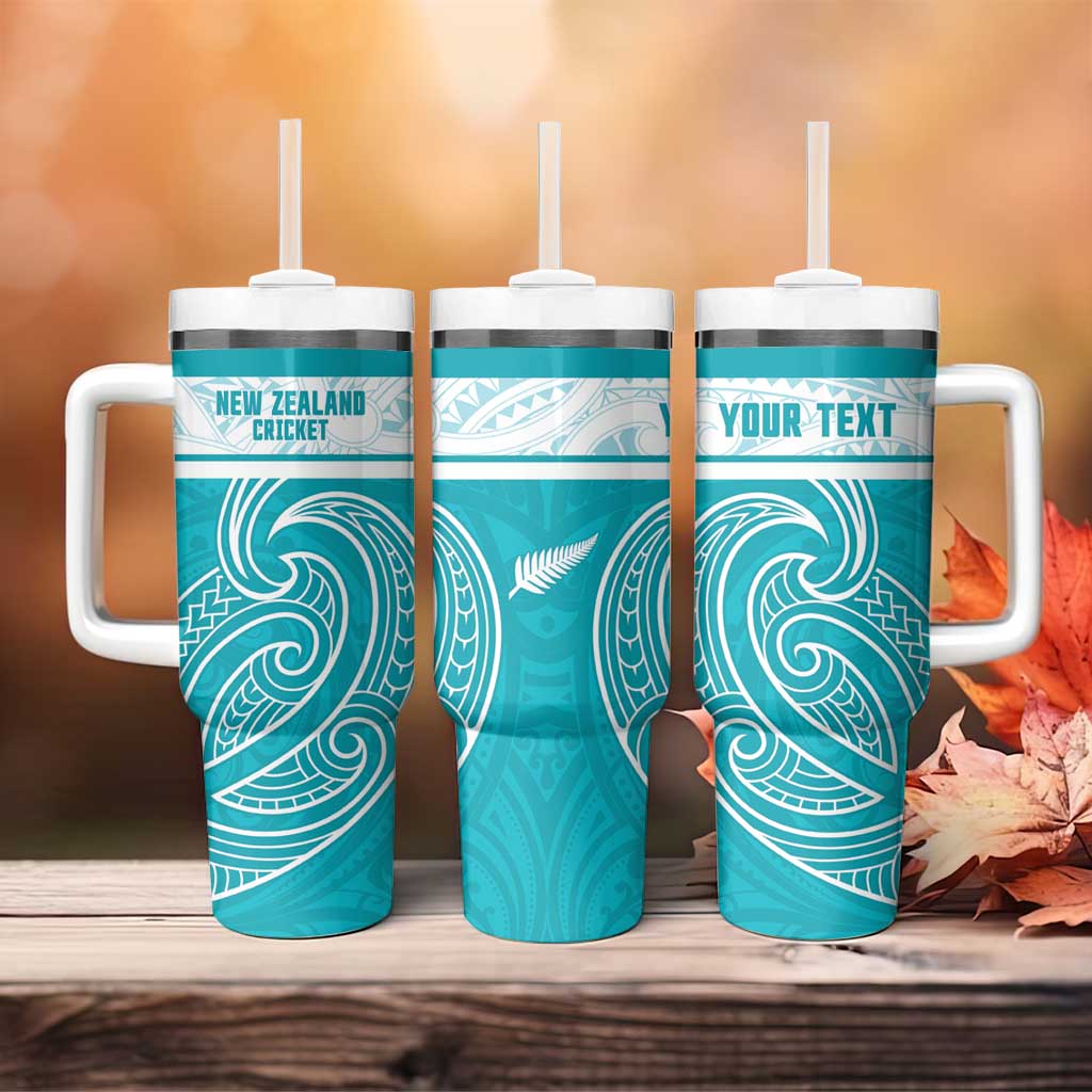 New Zealand Silver Fern Cricket Custom Tumbler With Handle Black Cap Teal Maori Pattern - Polynesian Pride