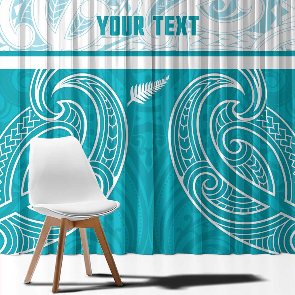 New Zealand Silver Fern Cricket Custom Window Curtain Black Cap Teal Maori Pattern - Polynesian Pride