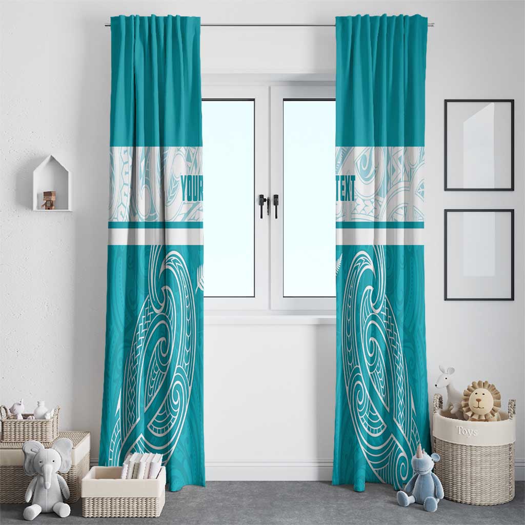 New Zealand Silver Fern Cricket Custom Window Curtain Black Cap Teal Maori Pattern - Polynesian Pride