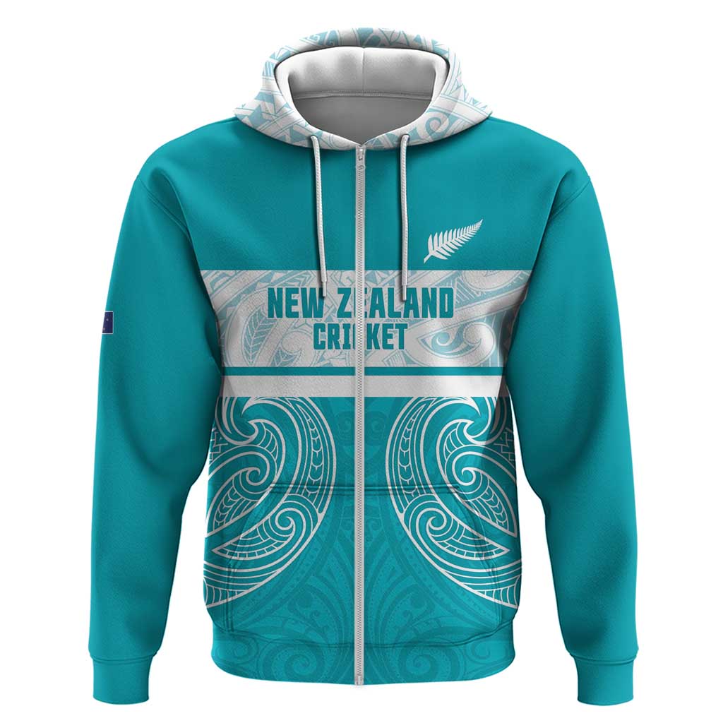 New Zealand Silver Fern Cricket Custom Zip Hoodie Black Cap Teal Maori Pattern - Polynesian Pride