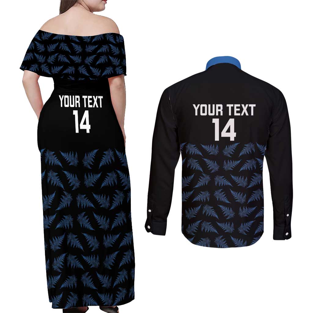 New Zealand Silver Fern Cricket Custom Couples Matching Off Shoulder Maxi Dress and Long Sleeve Button Shirt Black Cap T20 Version - Polynesian Pride