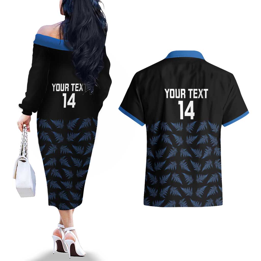 New Zealand Silver Fern Cricket Custom Couples Matching Off The Shoulder Long Sleeve Dress and Hawaiian Shirt Black Cap T20 Version - Polynesian Pride