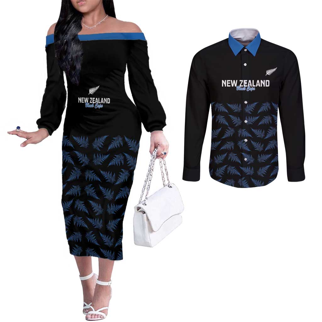 New Zealand Silver Fern Cricket Custom Couples Matching Off The Shoulder Long Sleeve Dress and Long Sleeve Button Shirt Black Cap T20 Version - Polynesian Pride