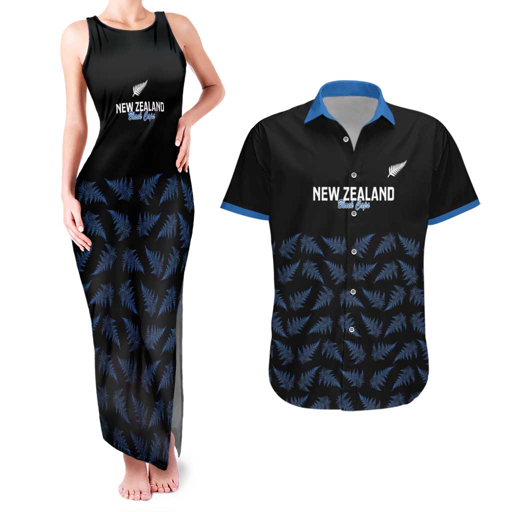 New Zealand Silver Fern Cricket Custom Couples Matching Tank Maxi Dress and Hawaiian Shirt Black Cap T20 Version - Polynesian Pride