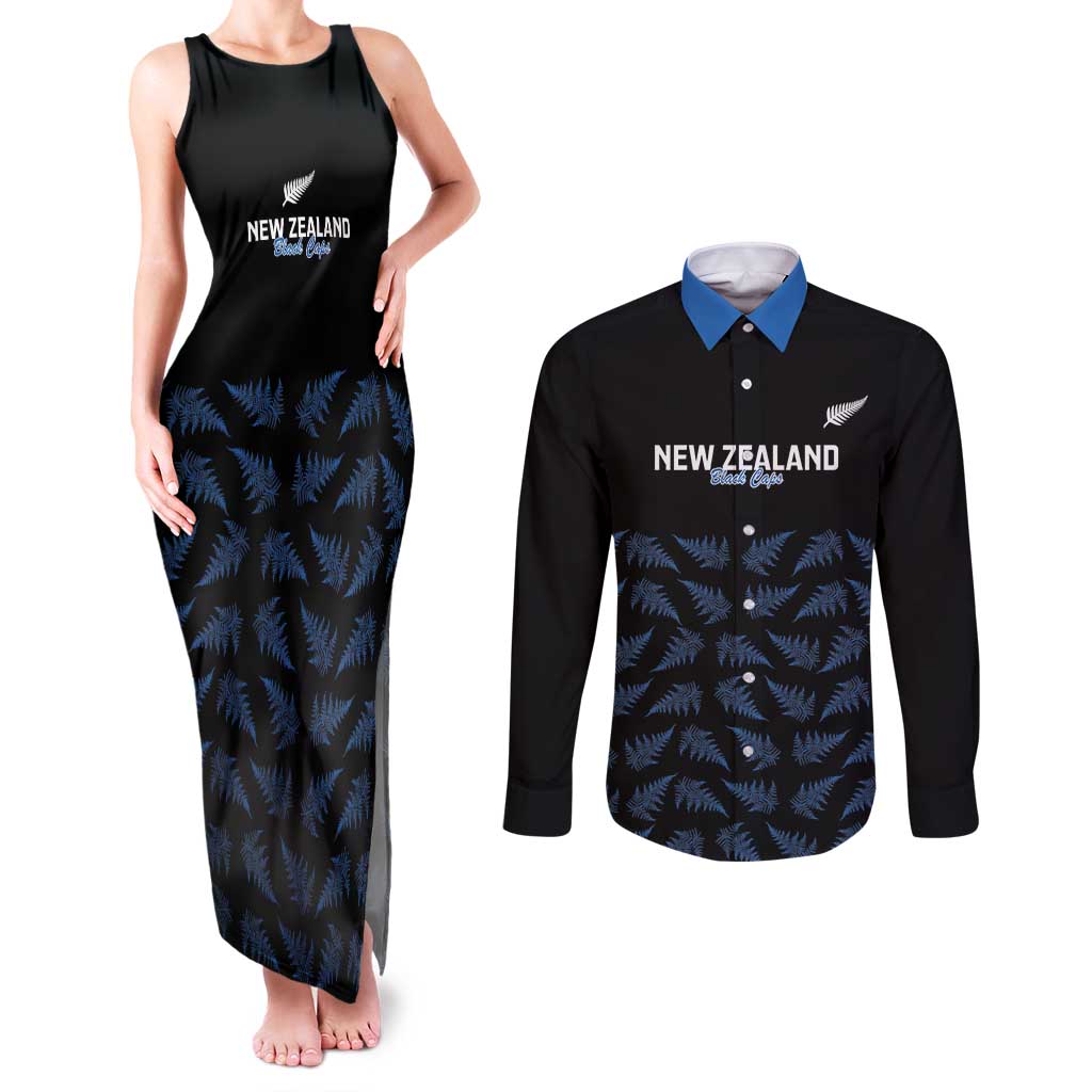 New Zealand Silver Fern Cricket Custom Couples Matching Tank Maxi Dress and Long Sleeve Button Shirt Black Cap T20 Version - Polynesian Pride