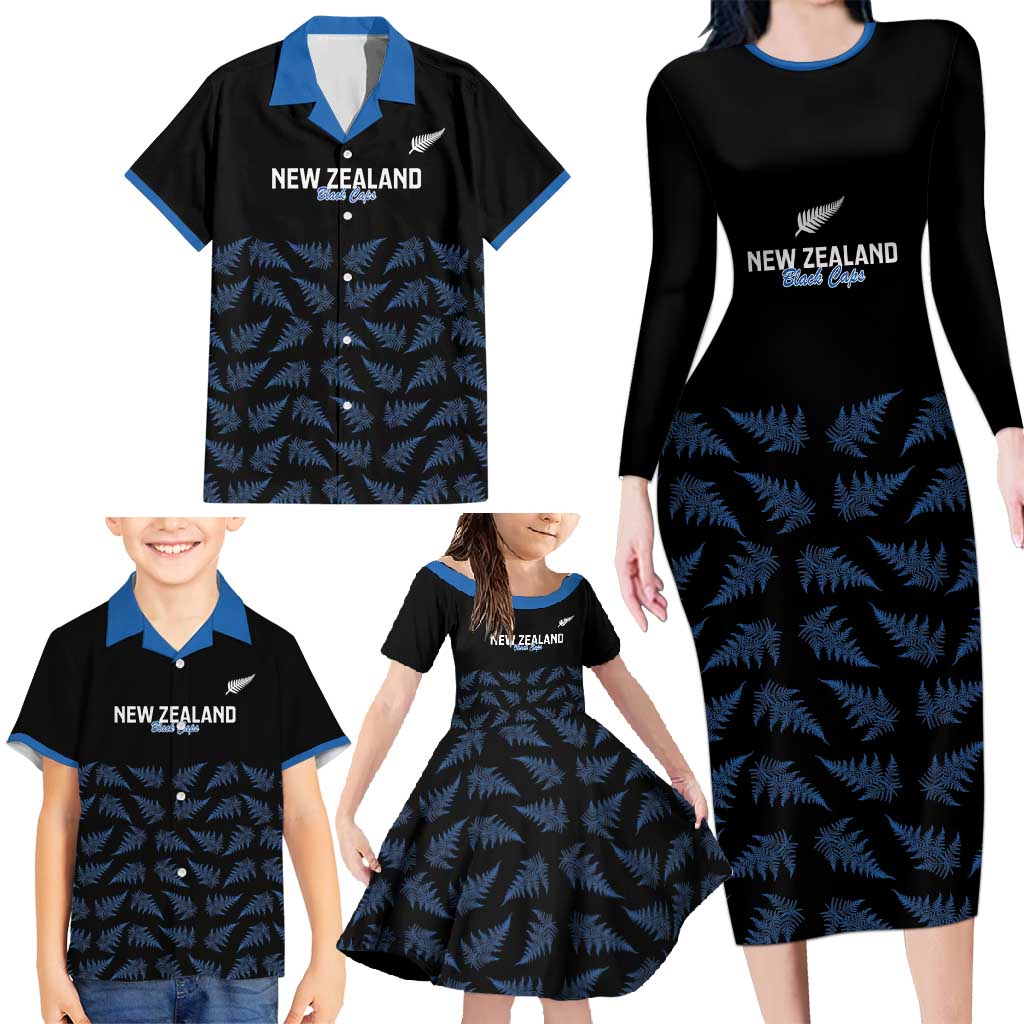 New Zealand Silver Fern Cricket Custom Family Matching Long Sleeve Bodycon Dress and Hawaiian Shirt Black Cap T20 Version - Polynesian Pride
