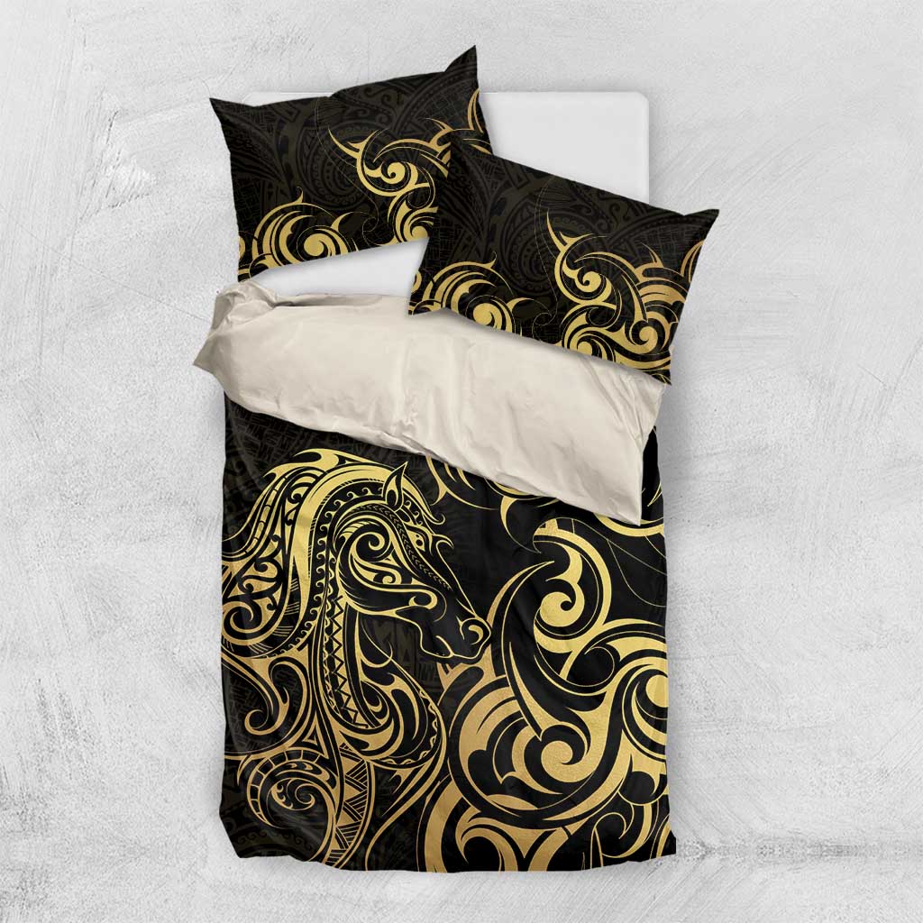 Gold And Black Aoteara Horse Racing Bedding Set NZ Maori Pattern