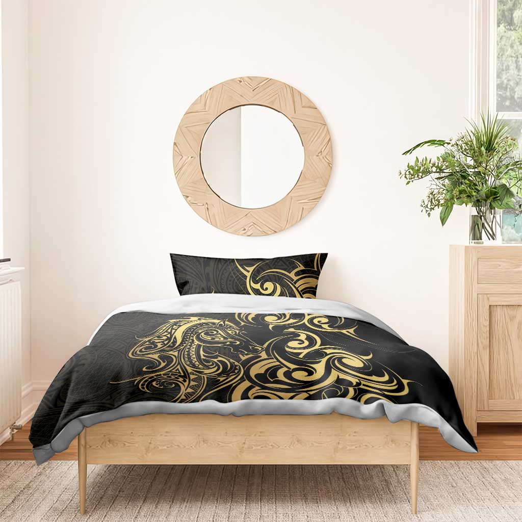 Gold And Black Aoteara Horse Racing Bedding Set NZ Maori Pattern