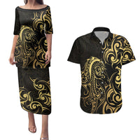 Gold And Black Aotearoa Horse Racing Couples Matching Puletasi and Hawaiian Shirt NZ Maori Pattern LT14 Black - Polynesian Pride