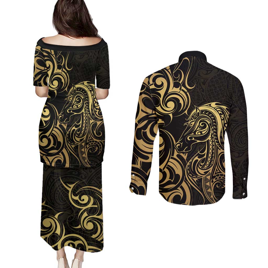 Gold And Black Aoteara Horse Racing Couples Matching Puletasi and Long Sleeve Button Shirt NZ Maori Pattern