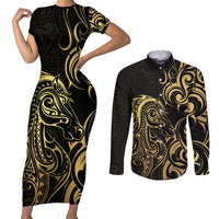 Gold And Black Aoteara Horse Racing Couples Matching Short Sleeve Bodycon Dress and Long Sleeve Button Shirt NZ Maori Pattern