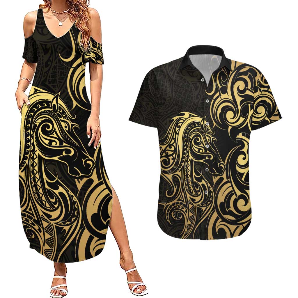 Gold And Black Aotearoa Horse Racing Couples Matching Summer Maxi Dress and Hawaiian Shirt NZ Maori Pattern LT14 Black - Polynesian Pride