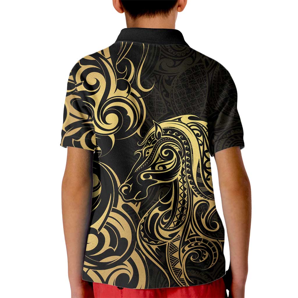 Gold And Black Aoteara Horse Racing Kid Polo Shirt NZ Maori Pattern
