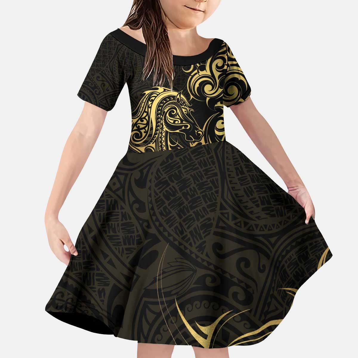 Gold And Black Aotearoa Horse Racing Kid Short Sleeve Dress NZ Maori Pattern LT14 KID Black - Polynesian Pride