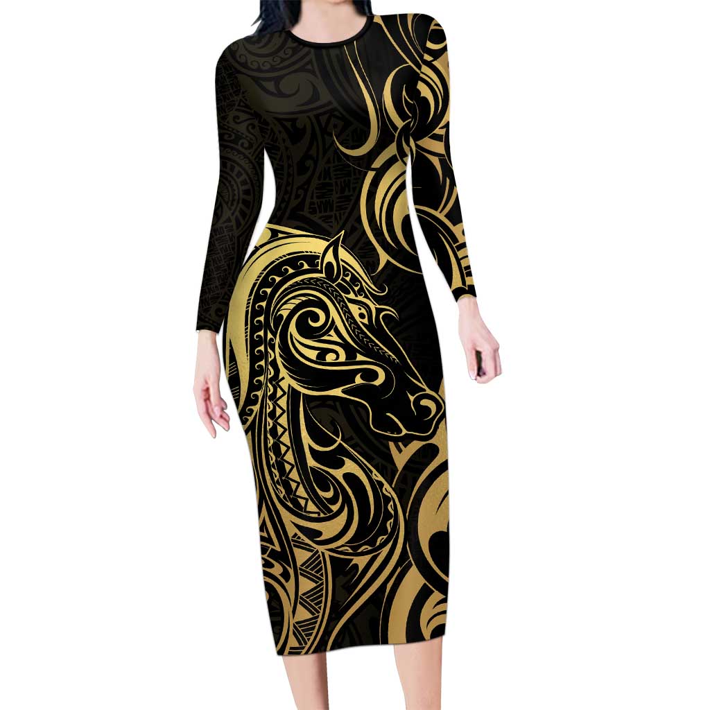 Gold And Black Aotearoa Horse Racing Long Sleeve Bodycon Dress NZ Maori Pattern LT14 Long Dress Black - Polynesian Pride