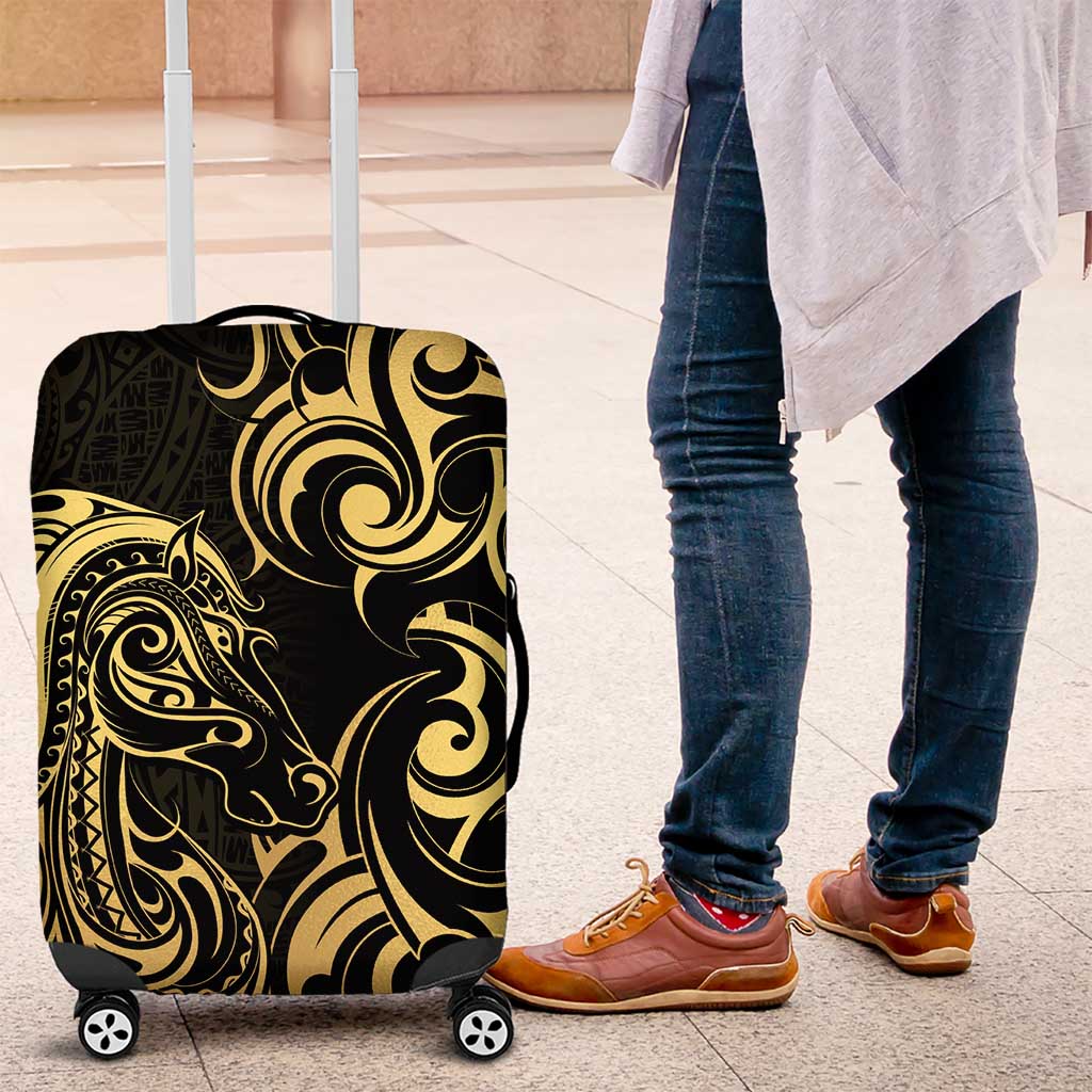 Gold And Black Aotearoa Horse Racing Luggage Cover NZ Maori Pattern LT14 Black - Polynesian Pride