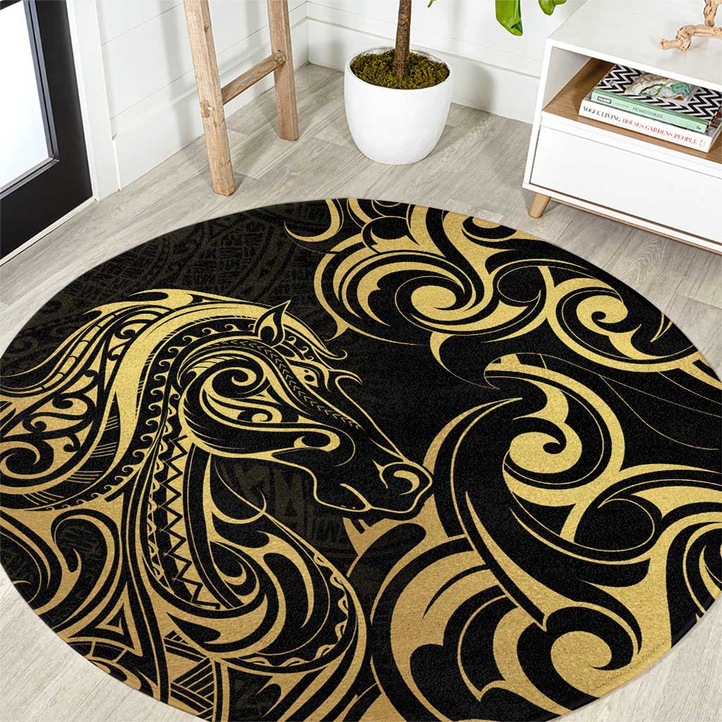 Gold And Black Aotearoa Horse Racing Round Carpet NZ Maori Pattern LT14 Black - Polynesian Pride