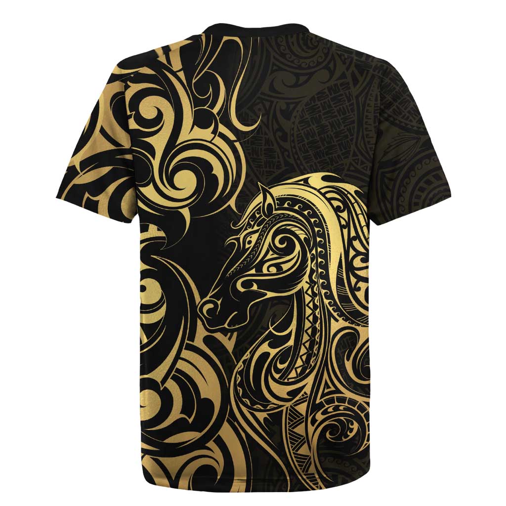 Gold And Black Aoteara Horse Racing Rugby Jersey NZ Maori Pattern