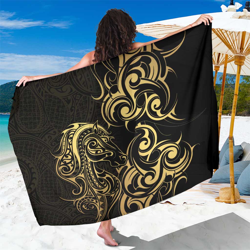 Gold And Black Aotearoa Horse Racing Sarong NZ Maori Pattern LT14 One Size 44 x 66 inches Black - Polynesian Pride