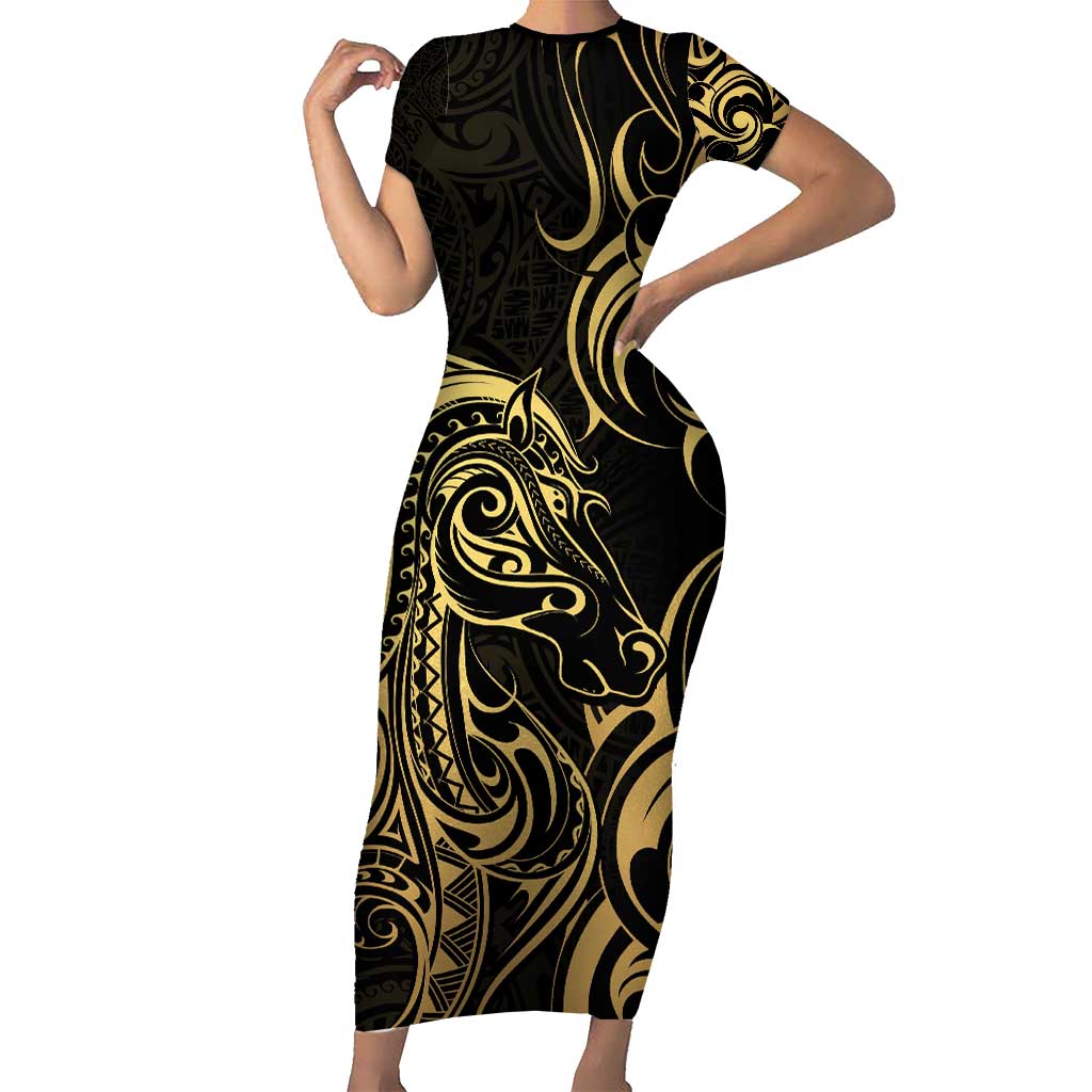 Gold And Black Aotearoa Horse Racing Short Sleeve Bodycon Dress NZ Maori Pattern LT14 Long Dress Black - Polynesian Pride