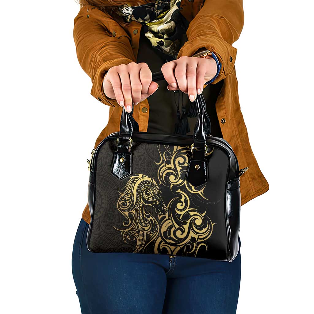 Gold And Black Aotearoa Horse Racing Shoulder Handbag NZ Maori Pattern LT14 One Size Black - Polynesian Pride