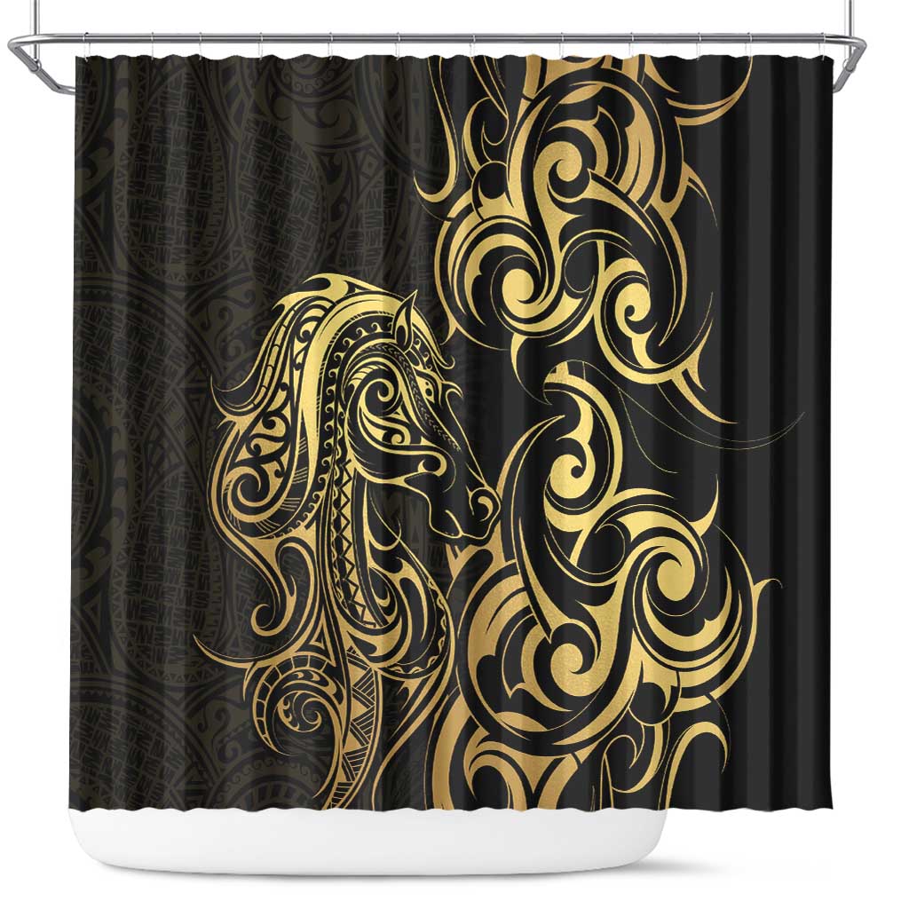 Gold And Black Aotearoa Horse Racing Shower Curtain NZ Maori Pattern LT14 Black - Polynesian Pride