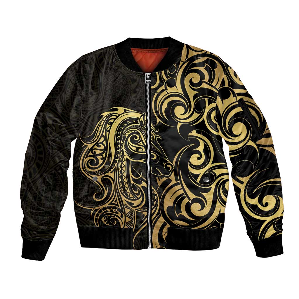 Gold And Black Aotearoa Horse Racing Sleeve Zip Bomber Jacket NZ Maori Pattern LT14 Unisex Black - Polynesian Pride