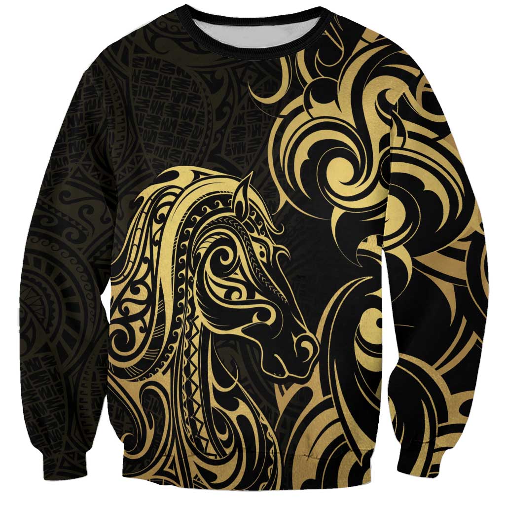 Gold And Black Aoteara Horse Racing Sweatshirt NZ Maori Pattern