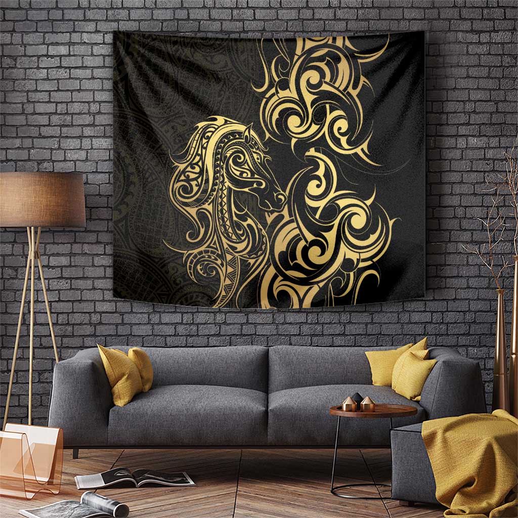 Gold And Black Aotearoa Horse Racing Tapestry NZ Maori Pattern LT14 Black - Polynesian Pride