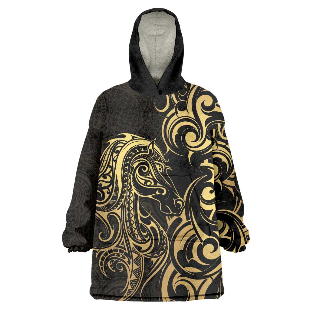 Gold And Black Aotearoa Horse Racing Wearable Blanket Hoodie NZ Maori Pattern LT14 One Size Black - Polynesian Pride