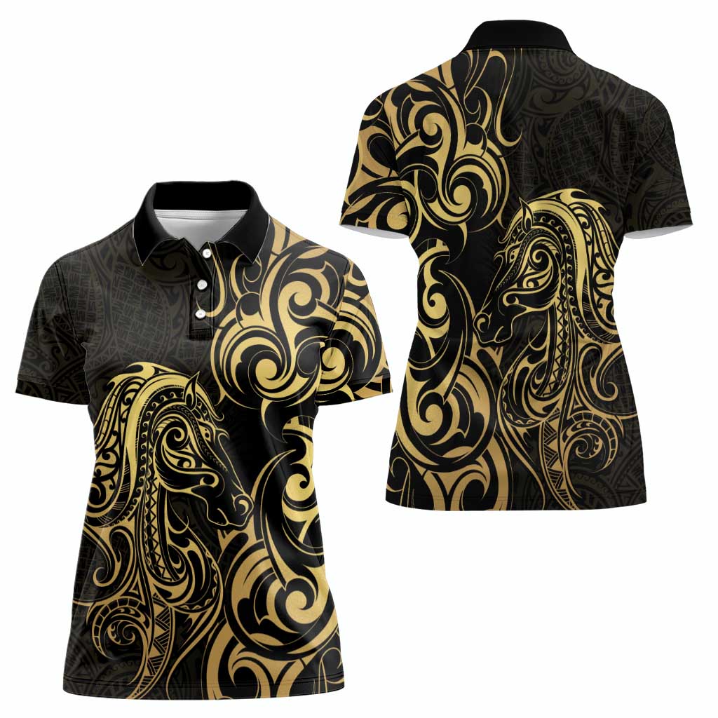 Gold And Black Aoteara Horse Racing Women Polo Shirt NZ Maori Pattern
