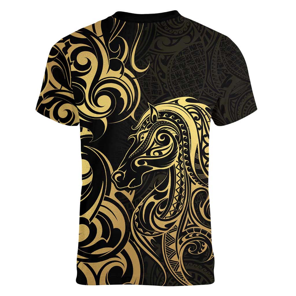Gold And Black Aoteara Horse Racing Women V-Neck T-Shirt NZ Maori Pattern