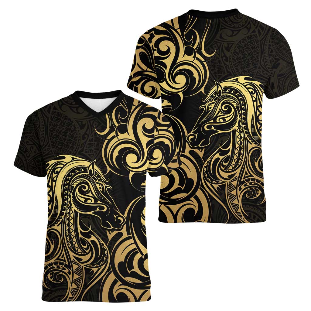 Gold And Black Aoteara Horse Racing Women V-Neck T-Shirt NZ Maori Pattern