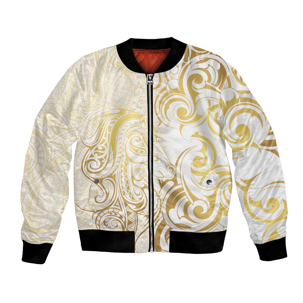 Gold And White Aotearoa Horse Racing Bomber Jacket NZ Maori Pattern LT14 Unisex White - Polynesian Pride