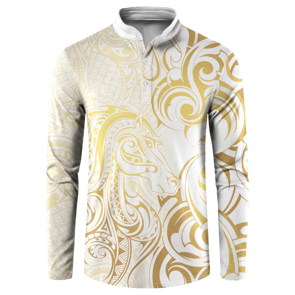 Gold And White Aotearoa Horse Racing Button Sweatshirt NZ Maori Pattern LT14 White - Polynesian Pride