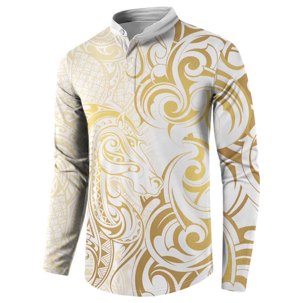Gold And White Aotearoa Horse Racing Button Sweatshirt NZ Maori Pattern LT14 - Polynesian Pride
