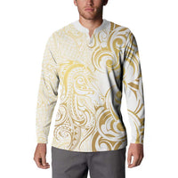 Gold And White Aotearoa Horse Racing Button Sweatshirt NZ Maori Pattern LT14 - Polynesian Pride