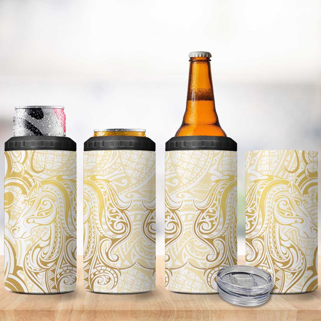 Gold And White Aoteara Horse Racing 4 in 1 Can Cooler Tumbler NZ Maori Pattern