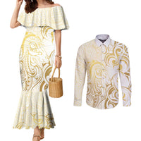 Gold And White Aoteara Horse Racing Couples Matching Mermaid Dress and Long Sleeve Button Shirt NZ Maori Pattern