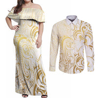 Gold And White Aoteara Horse Racing Couples Matching Off Shoulder Maxi Dress and Long Sleeve Button Shirt NZ Maori Pattern