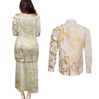 Gold And White Aoteara Horse Racing Couples Matching Puletasi and Long Sleeve Button Shirt NZ Maori Pattern