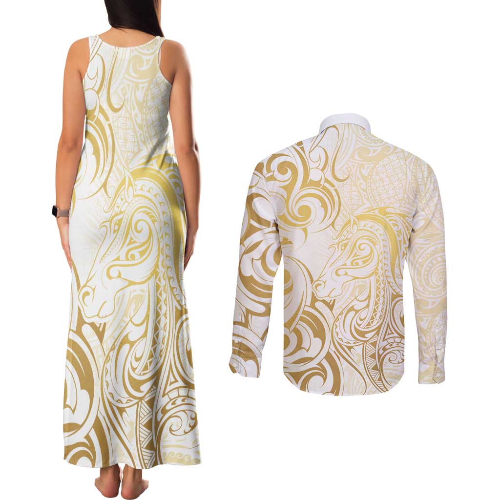 Gold And White Aoteara Horse Racing Couples Matching Tank Maxi Dress and Long Sleeve Button Shirt NZ Maori Pattern
