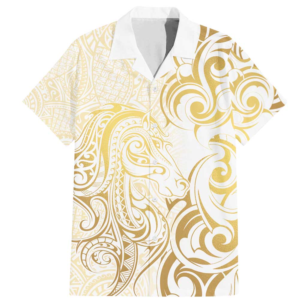 Gold And White Aoteara Horse Racing Family Matching Tank Maxi Dress and Hawaiian Shirt NZ Maori Pattern